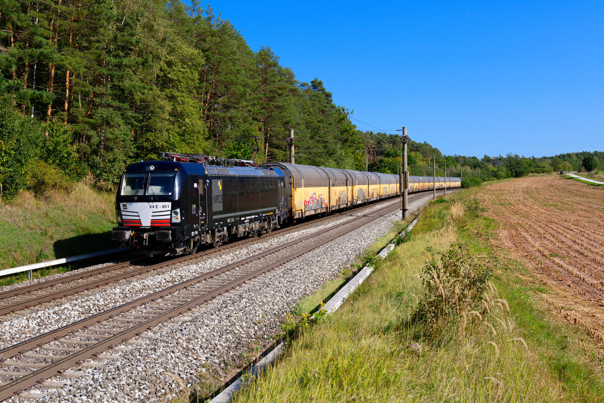 193 651 MRCE/TXL mit einem ARS Altmann Autotransportzug bei Hagenbüchach Richtung Würzburg, 19.09.2020