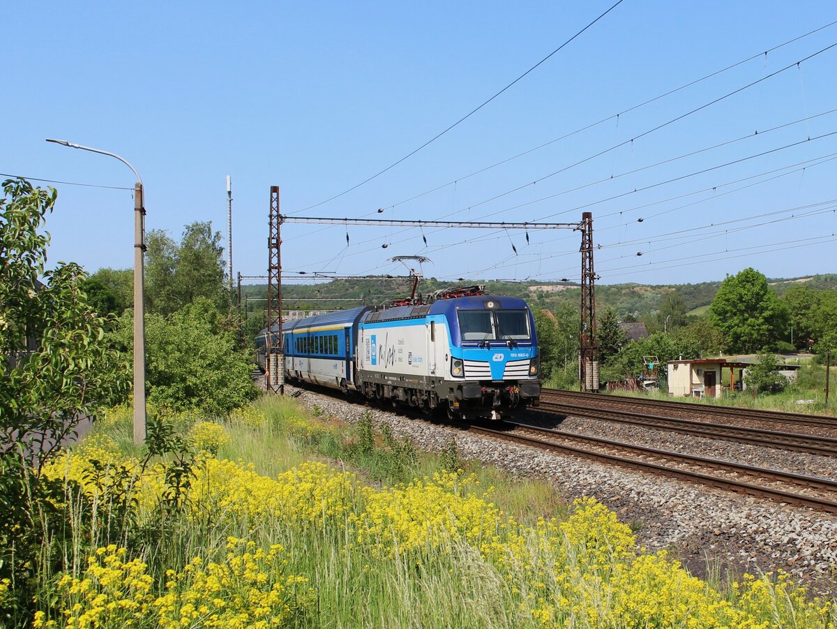 193 683-0 als R 609 fuhr am 27.05.23 durch Želenice nad Bílinou. 