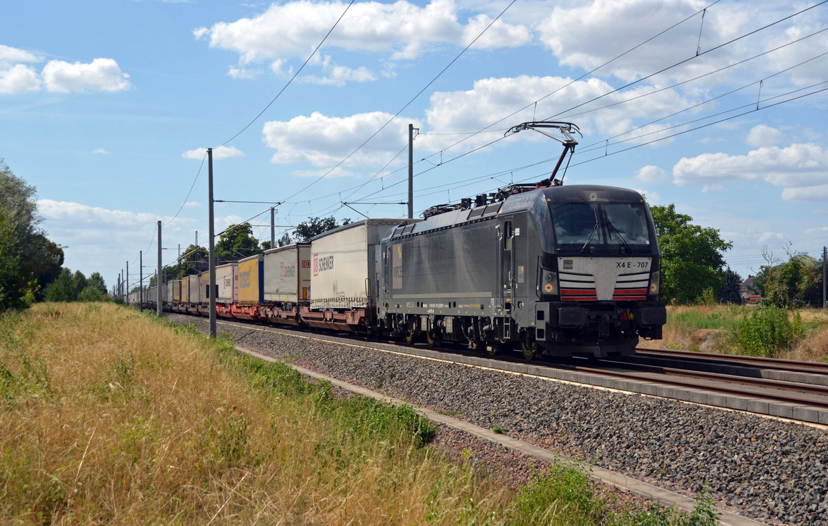 193 707 führte für die DB einen Schenker-KLV am 11.08.19 durch Brehna Richtung Bitterfeld.