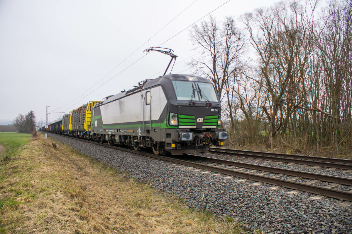 193 724-2 bei Unterhaun mit einem Holzzug am 15.02.2023.