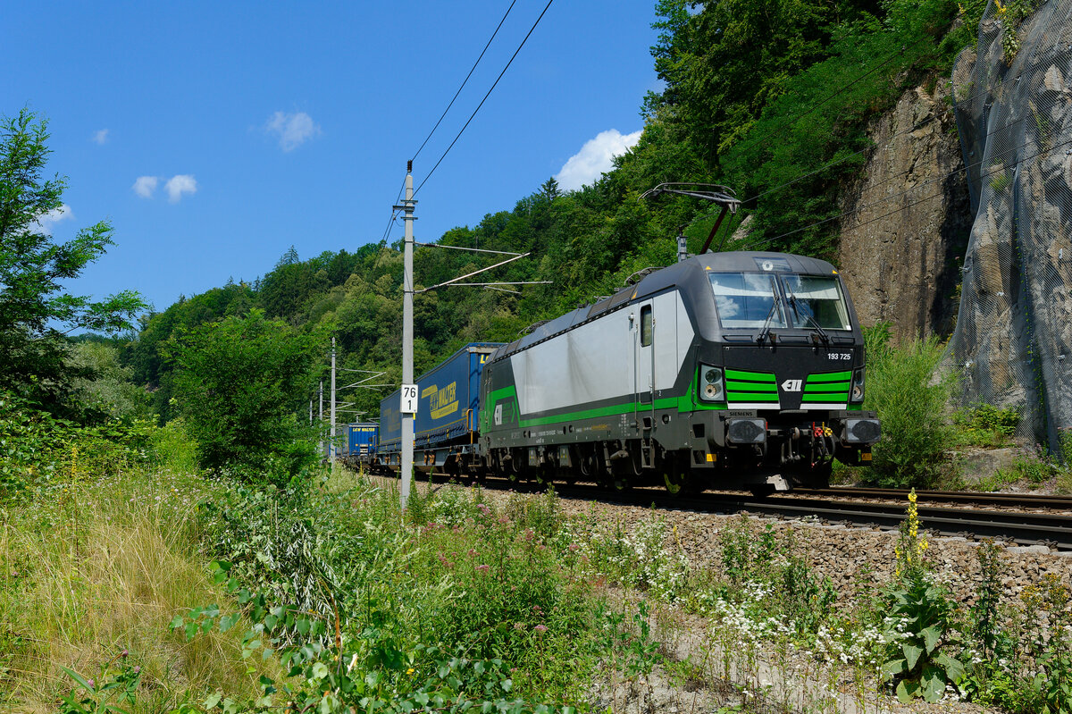 193 725 ELL/TXL mit einem LKW-Walter KLV-Zug bei Ingling Richtung Wels, 22.07.2020
