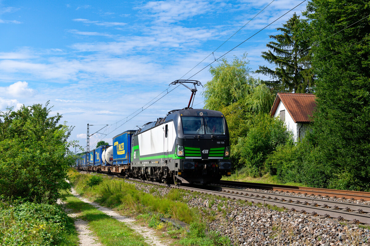193 725 ELL/TXL mit einem LKW-Walter KLV-Zug bei Postbauer-Heng Richtung Regensburg, 15.08.2020