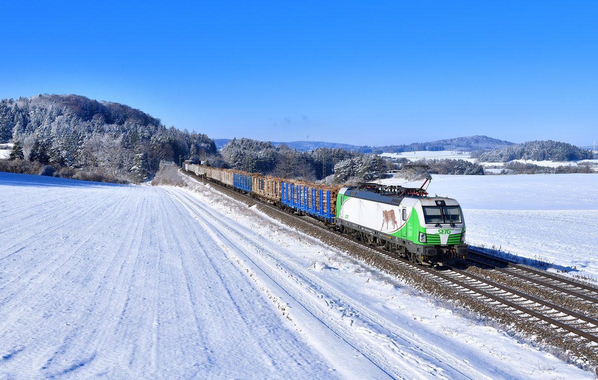 193 728 mit einem Holzzug am 12.02.2021 bei Darshofen.