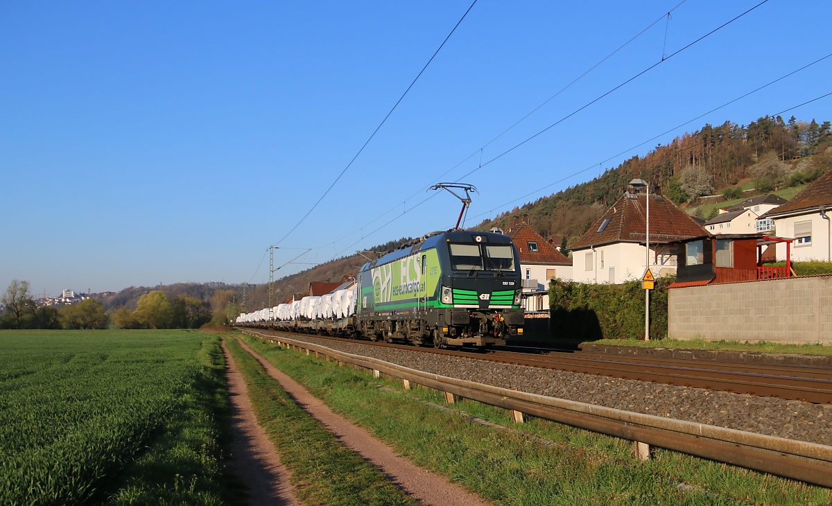 193 729 für LTE mit Mercedes G-Klassen auf Flachwagen in Fahrtrichtung Norden. Aufgenommen in Ludwigsau-Friedlos am 19.04.2019.