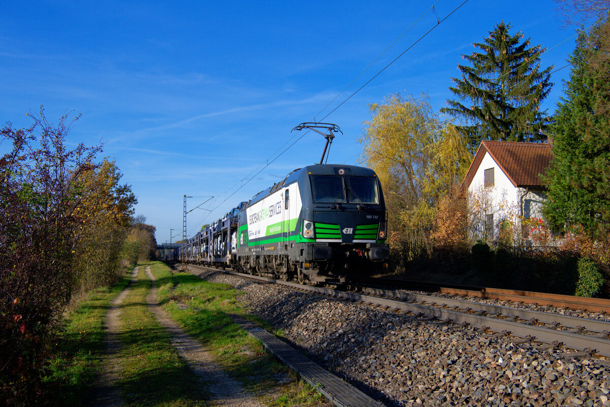193 732 ELL/RTB Cargo  European Gateway Services  mit einem Autotransportzug bei Postbauer-Heng Richtung Regensburg, 14.11.2020