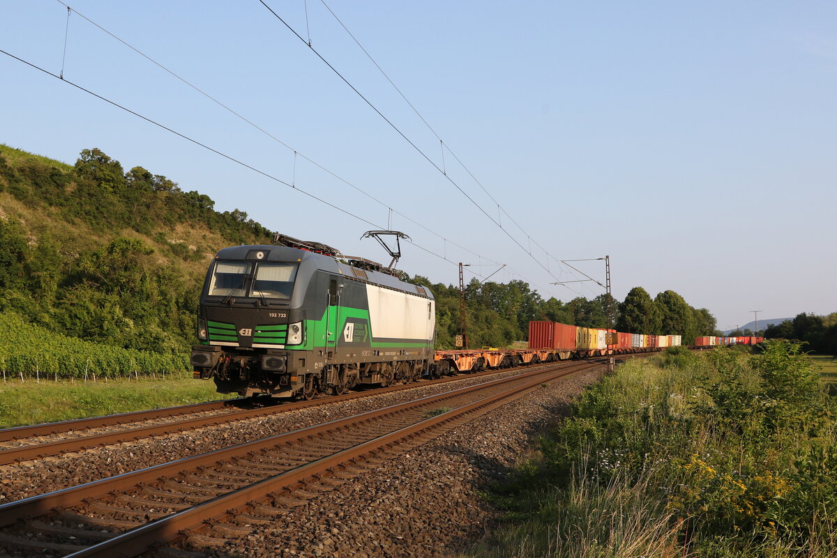 193 733 war am 23. Juli 2021 mit einem Containerzug bei Himmelstadt in Richtung Gemünden unterwegs.