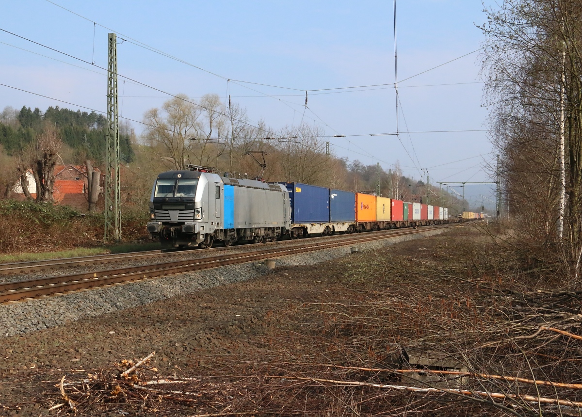 193 804-2 mit Containerzug in Fahrtrichtung Süden. Aufgenommen nahe des BÜ Eltmannshausen/Oberhone am 25.03.2014.