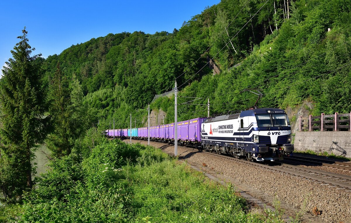 193 811 mit einem Hackschnitzelzug am 18.06.2021 bei Ingling. 