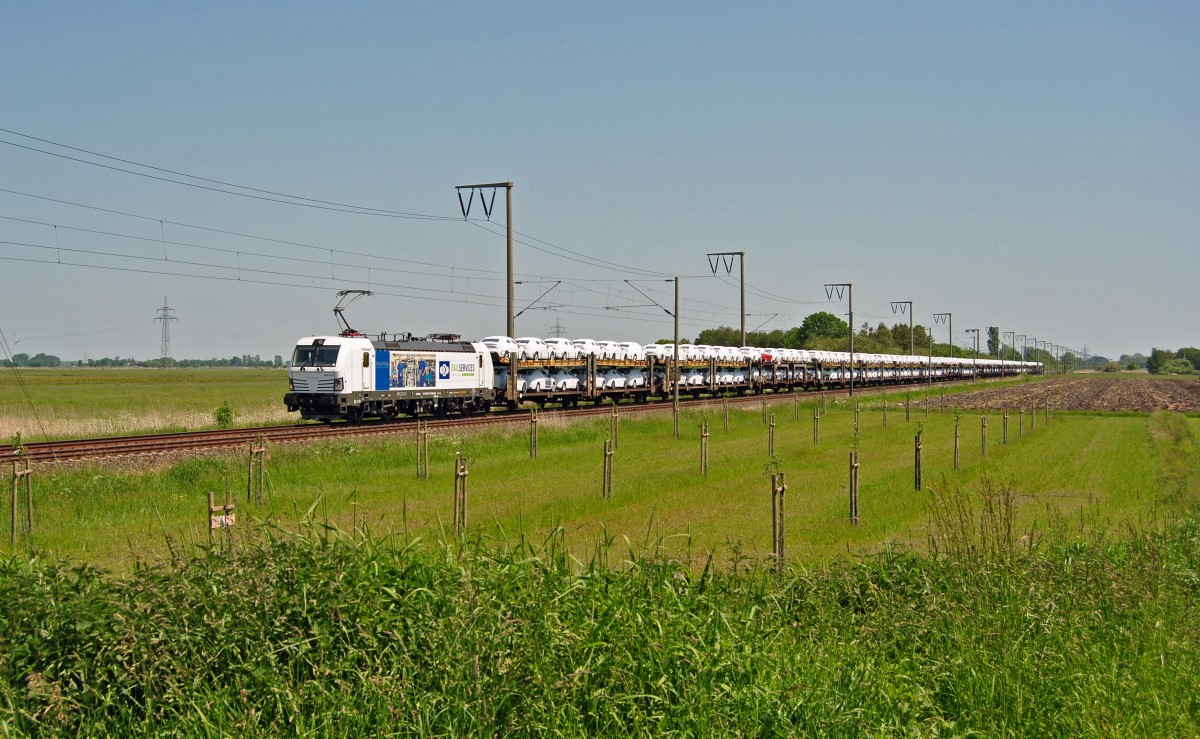 193 813 fuhr am 05.06.2015 mit einem Autozug nach Emden, hier bei Petkum.