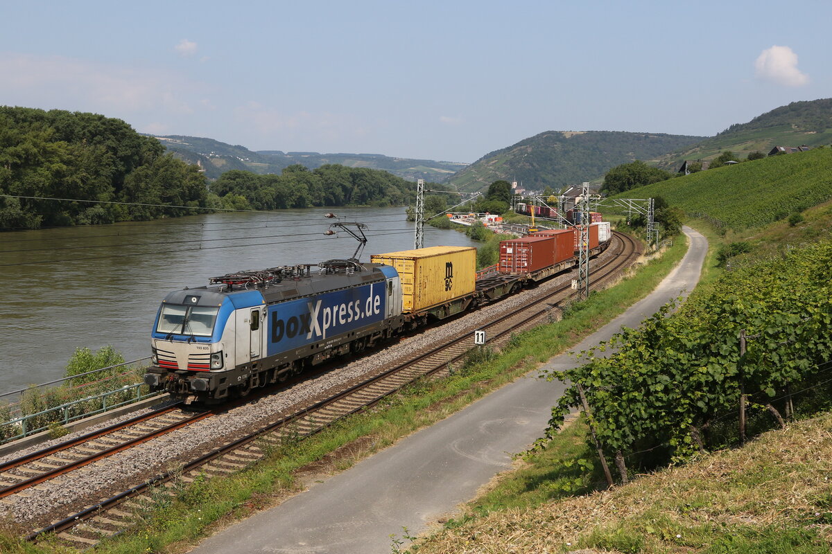 193 835 mit einem Containerzug am 23. Juli 2021 bei Lorch am Rhein.