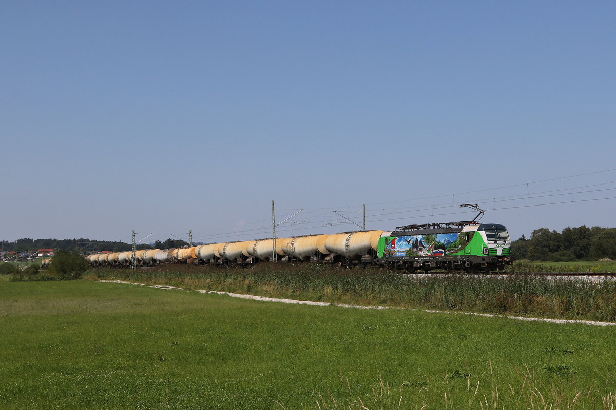 193 839  Alpenlok  mit einem Kesselwagenzug am 11. August 2020 bei Bernau am Chiemsee.