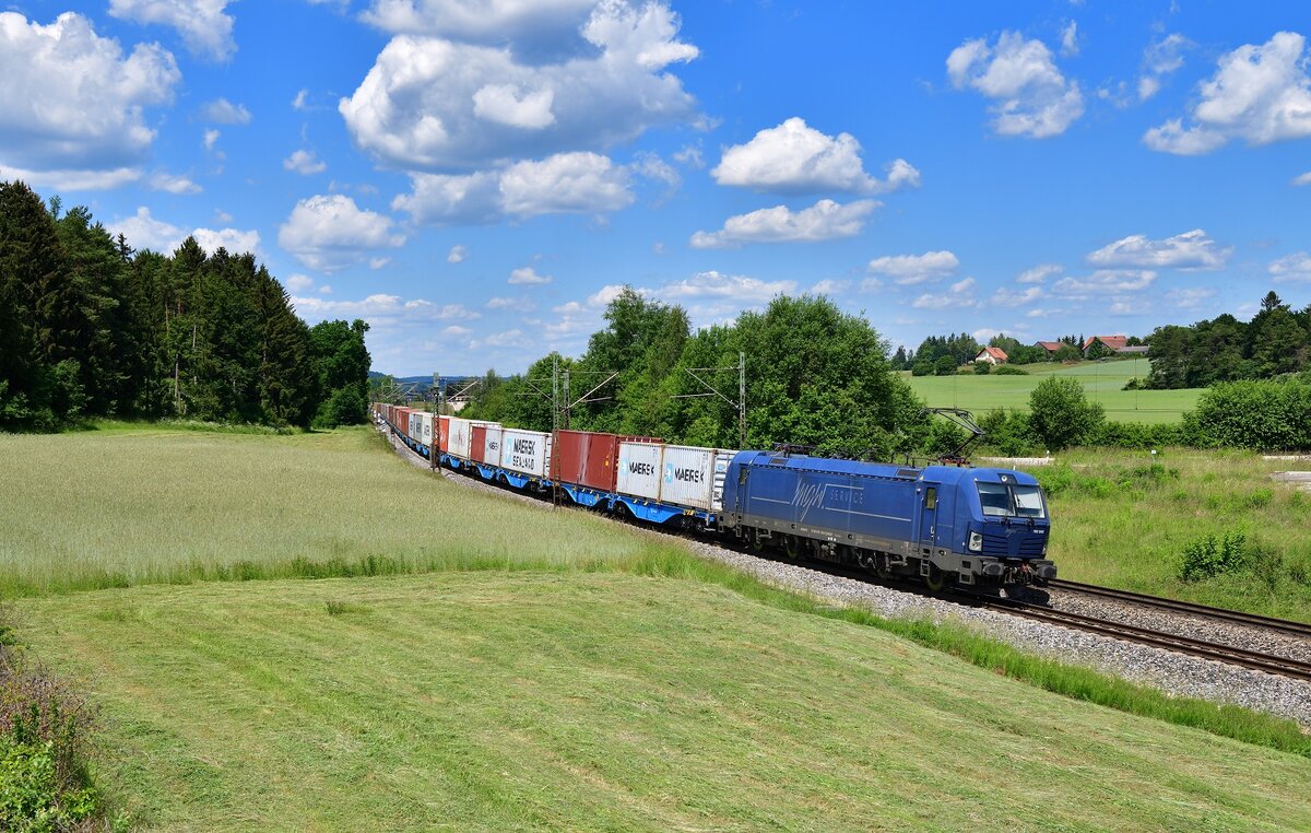 193 845 mit einem Containerzug am 12.06.2022 bei Sinngrün.