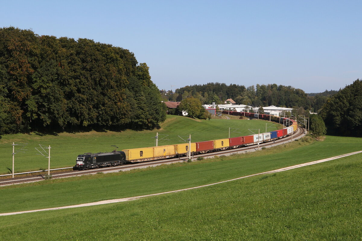 193 872 war mit einem Containerzug am 3. Oktober 2023 bei Axdorf im Chiemgau in Richtung München unterwegs.