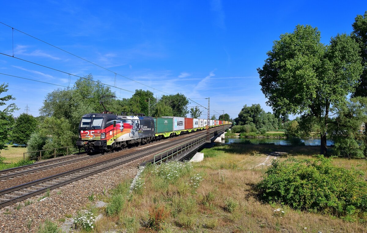 193 876 mit einem Containerzug am 17.07.2022 bei Plattling.