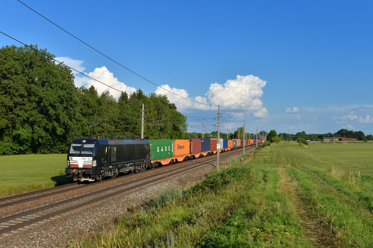 193 877 mit einem Containerzug am 19.07.2017 bei Andorf. 