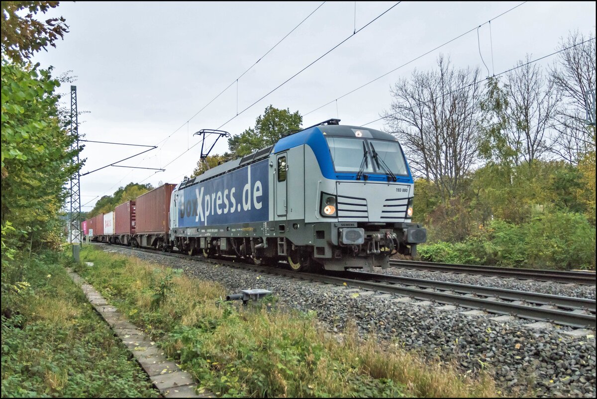 193 880-2 ist mit einem Containerzug in Richtung Süden unterwegs,Vollmerz am 20.10.2021