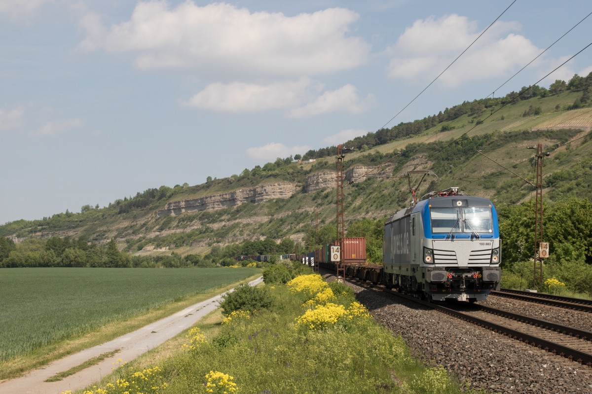 193 883 mit einem Containerzug am 14. Mai 2015 bei Thüngersheim.