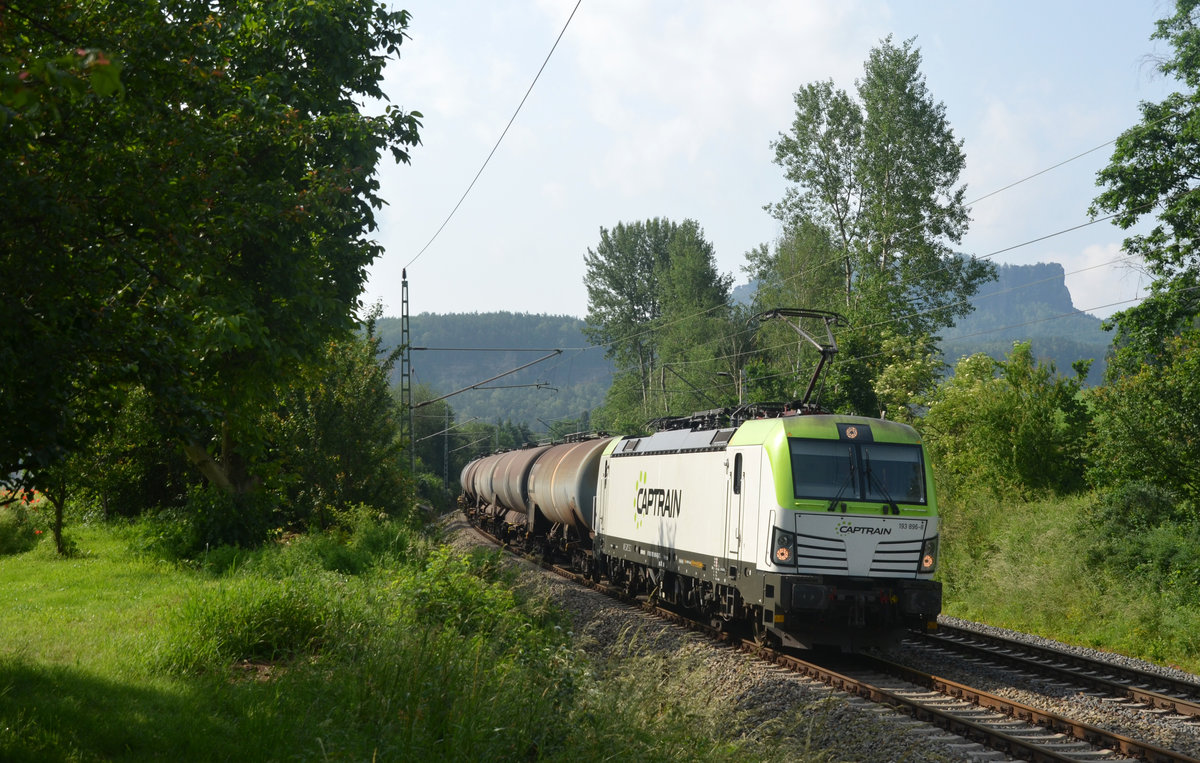 193 896 schleppte am 11.06.19 einen Kesselwagenzug durch Rathen Richtung Dresden.