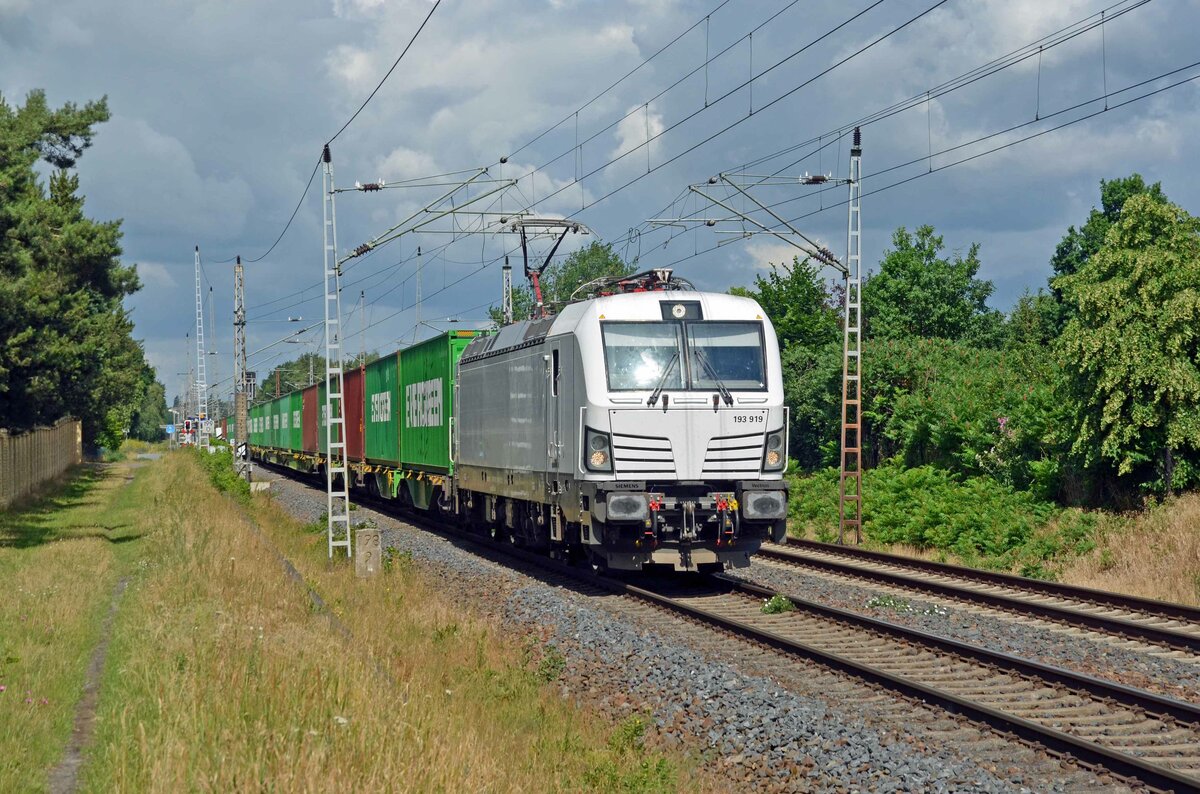 193 919 der ELL führte am 27.06.23 einen SETG-Containerzug durch Wittenberg-Labetz Richtung Falkenberg(E).