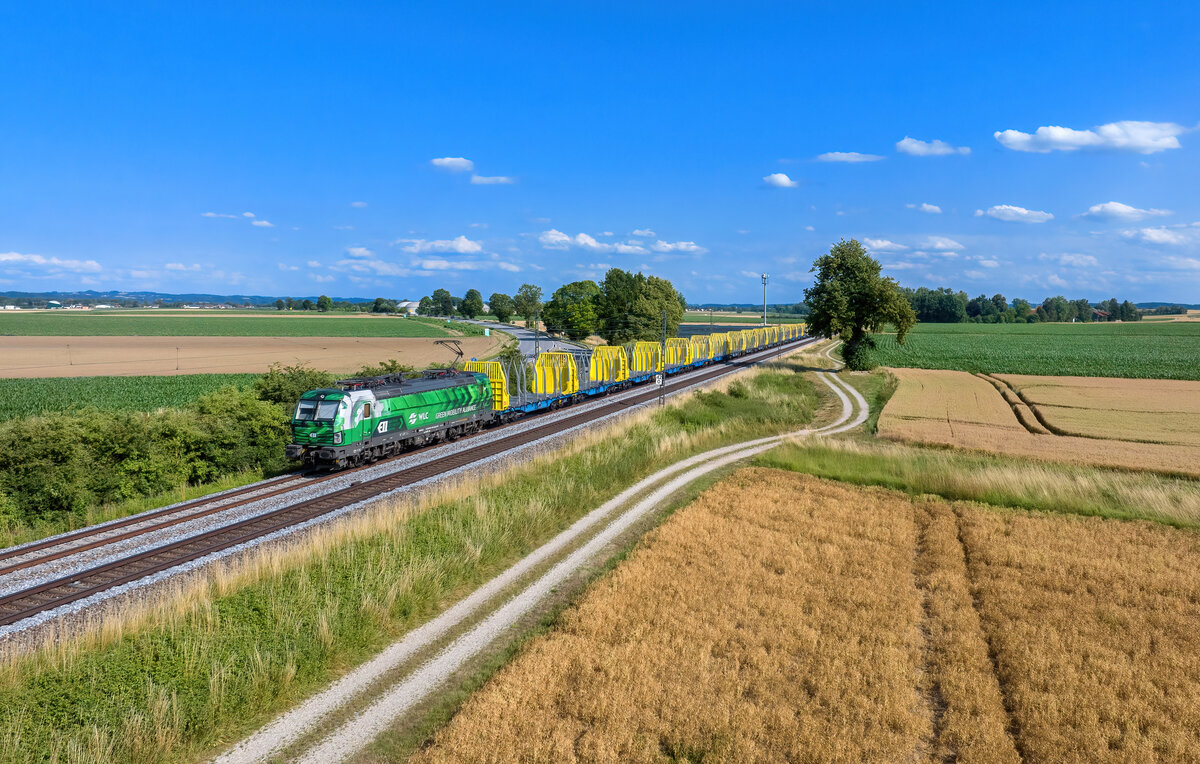193 943 mit einem leeren Holzzug am 06.07.2023 bei Langenisarhofen. 