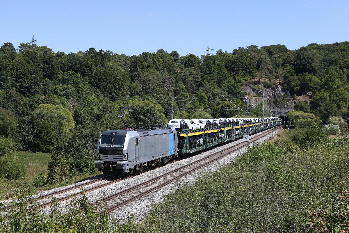 193 997 mit einem Autozug am 9. August 2022 beim  Esslingerbergtunnel  im Altmühltal.
