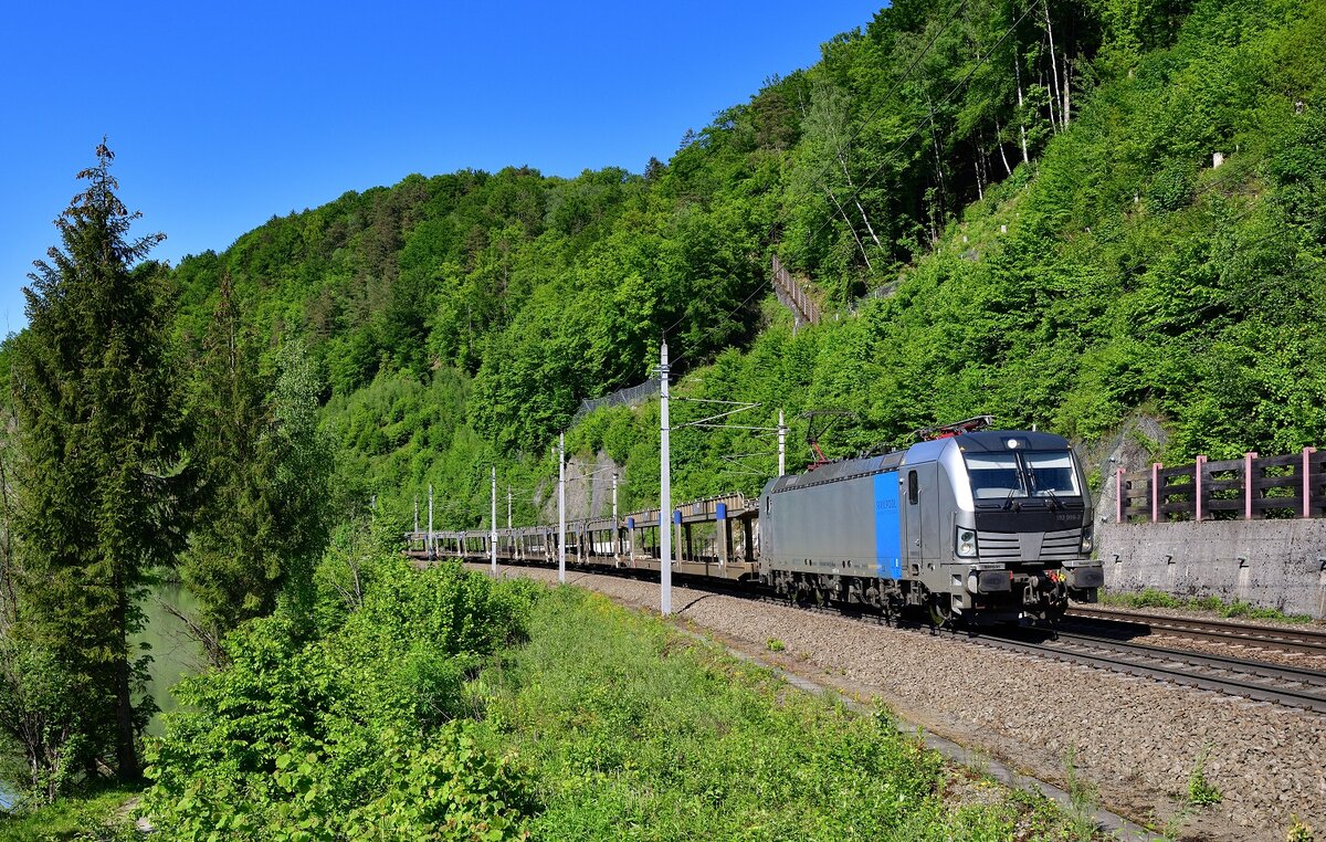 193 998 mit einem leeren Autozug am 29.05.2021 bei Ingling.