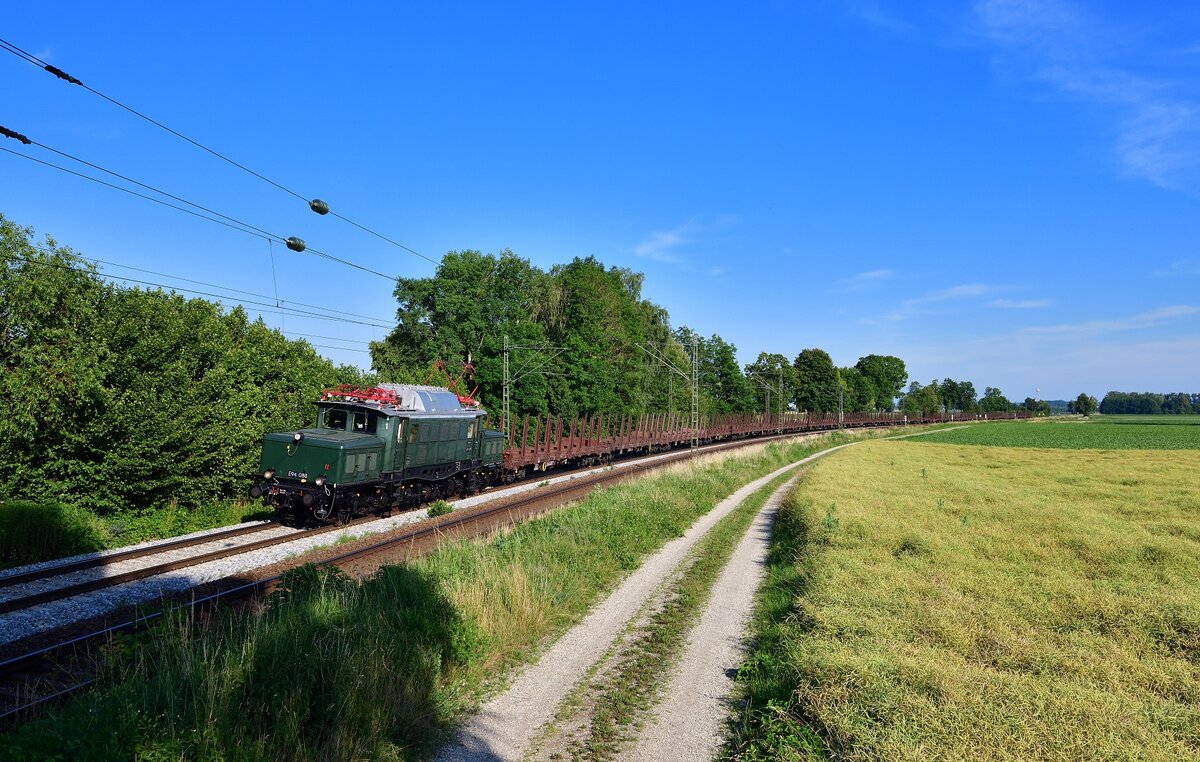194 088 mit einem Rungenwagenzug am 03.07.2021 bei Langenisarhofen.