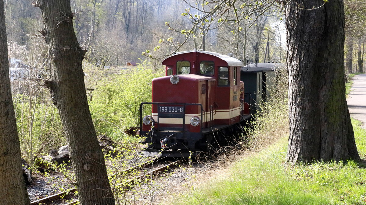 199 030-8 schiebt den Personenzug von Oschatz Süd nach Mügeln  nach.
17.04.2022  10:10 Uhr. nahe Oschatz Süd.
