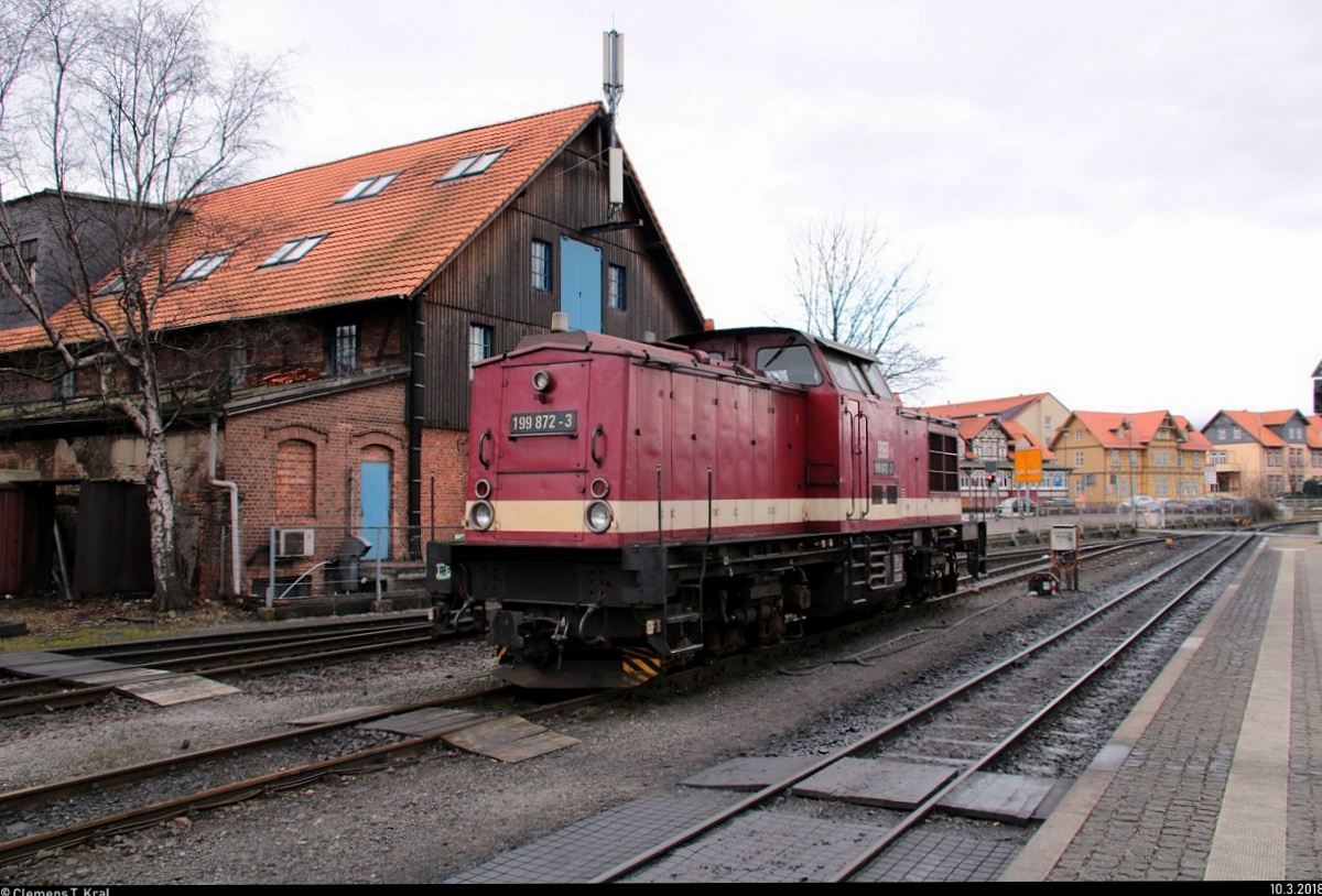 199 872-3  Harzkamel  der Harzer Schmalspurbahnen GmbH (HSB) ist im Bahnhof Wernigerode abgestellt. Bild durchlief die Selbstfreischaltung. [10.3.2018 | 9:34 Uhr]