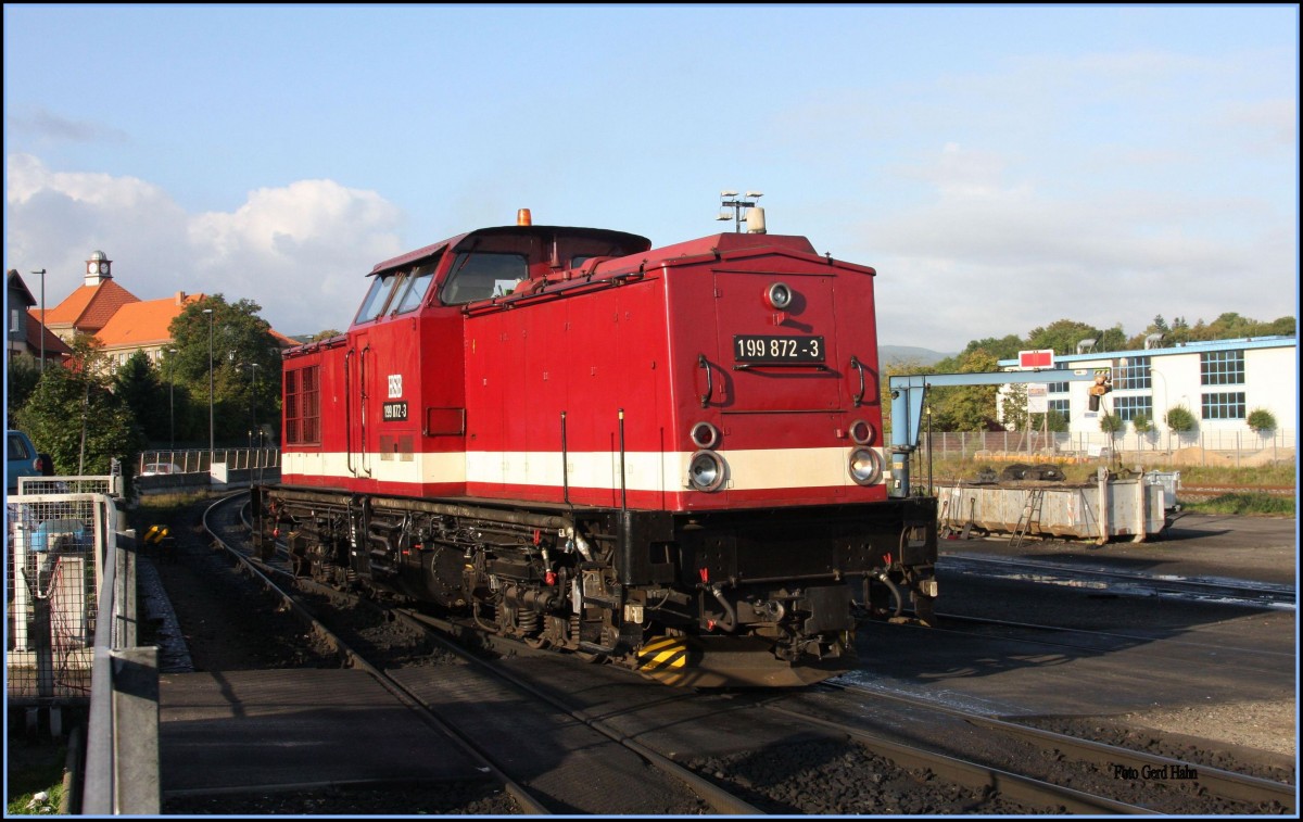 199872 leistete am Morgen des 27.09.2015 Verschubdienst im Bahnhof Wernigerode der Harzer Schmalspurbahnen.