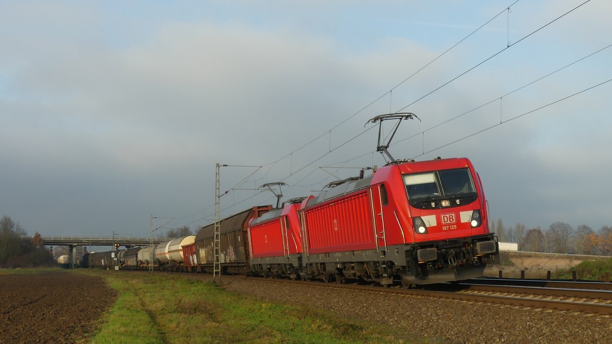 2 187er ziehen einen Güterzug über die Riedbahn gen Süden, hier zu sehen zwischen Gernsheim und Groß-Rohrheim. Aufgenommen am 2.12.2017 14:58