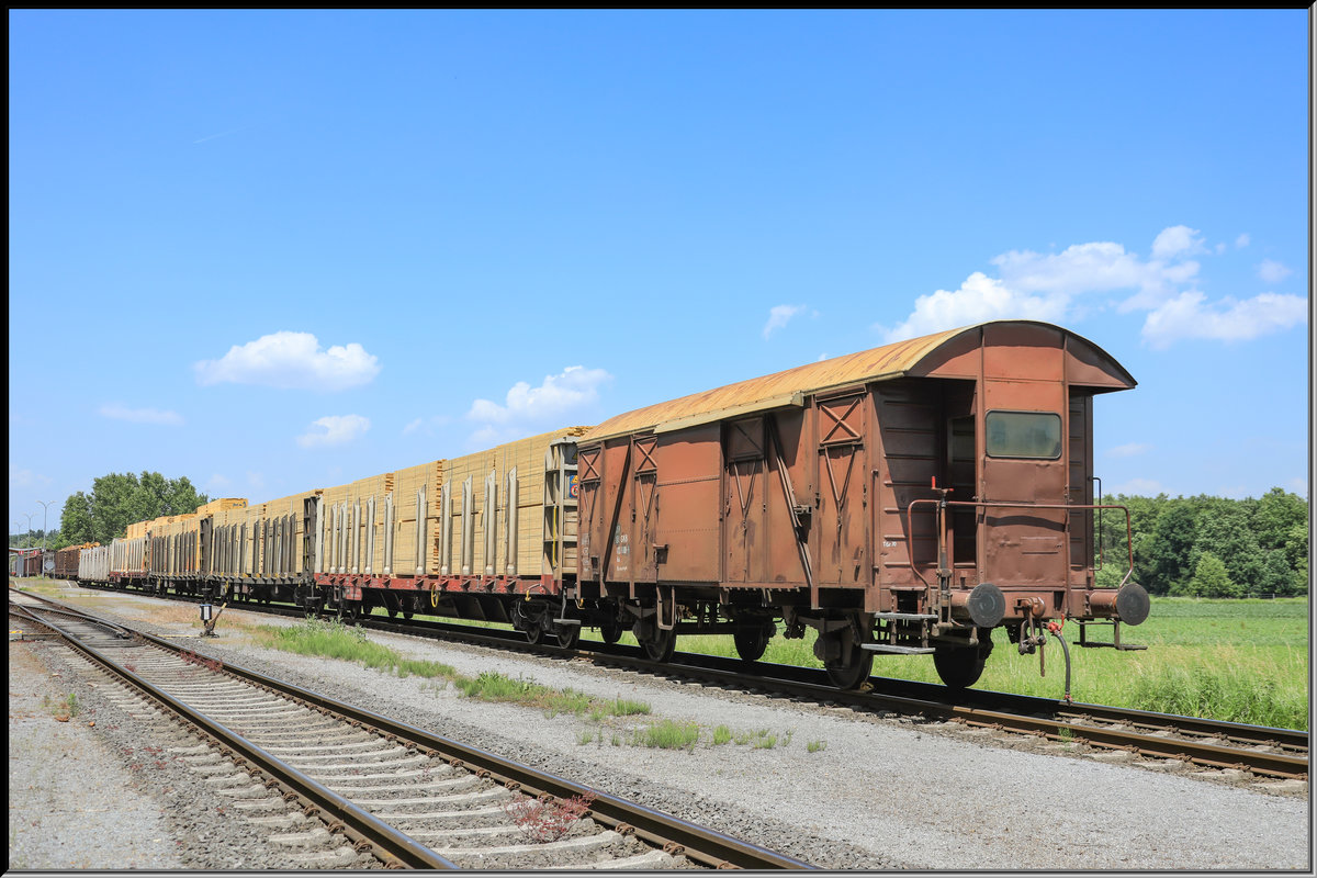 2 Achsige Wagen des Typ´s GS sind ja leider fast gänzlich von den Schienen verschwunden. 
Hier in Preding findet dieses Exemplar Verwendung als Bremswagen zur Beistellung der Anschlussbahn Hasslacher. 
13.06.2019