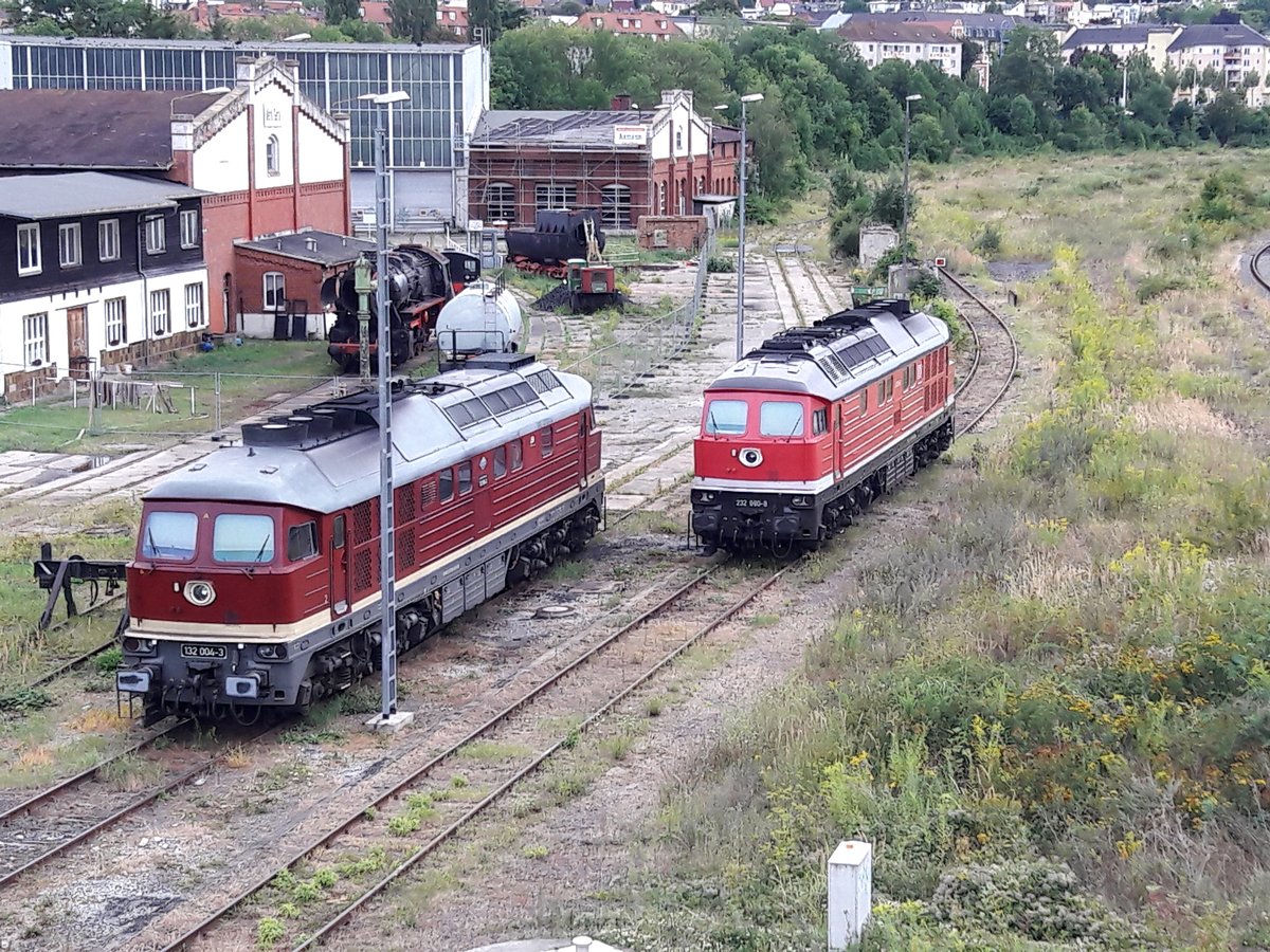 2 Ludmillas, 132 004-3 und 232 060-8 vor dem Bahnbetriebswerk Gera am 7.8.2019