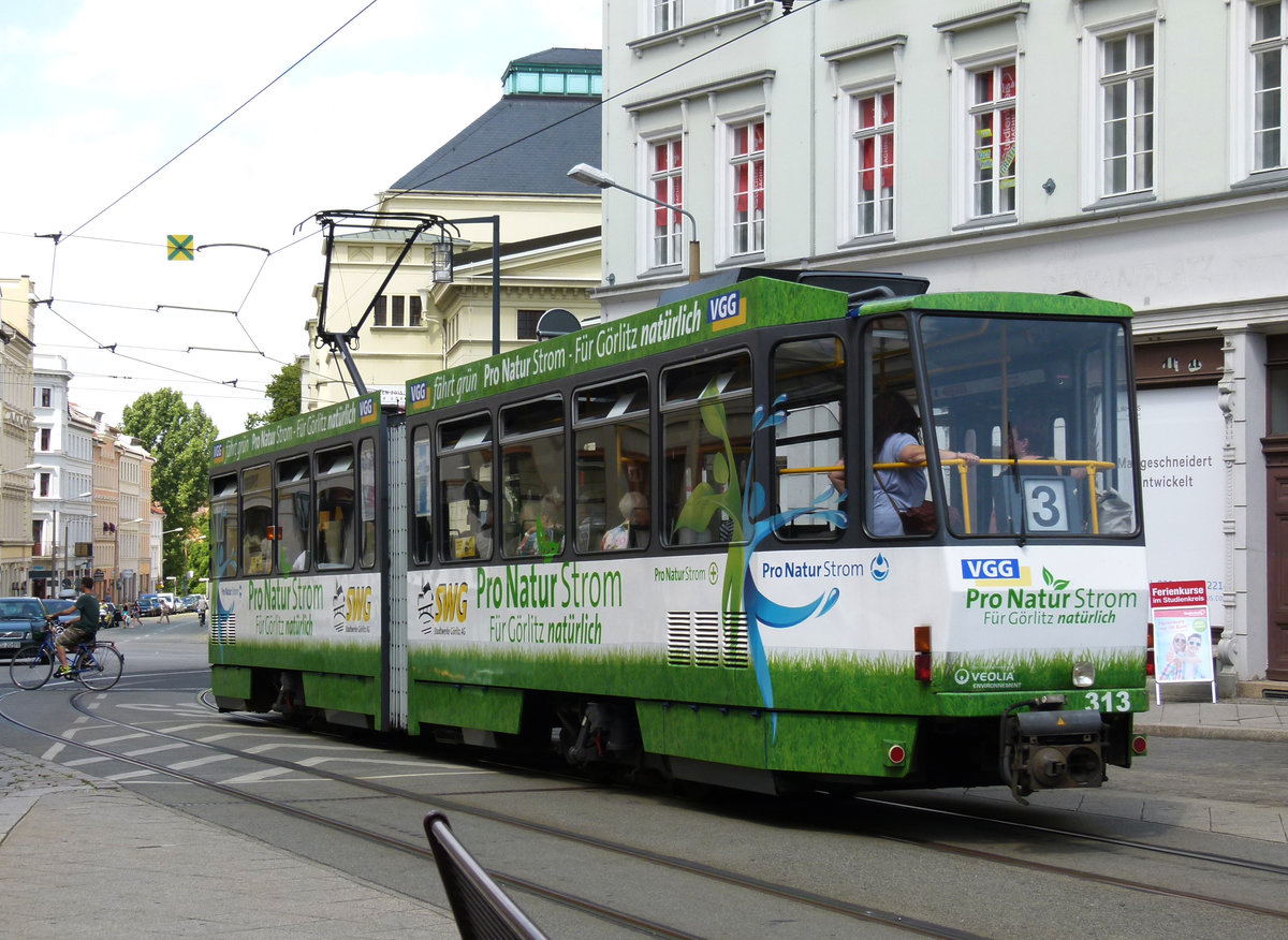 20. Juli 2015, Straßenbahn in Görlitz. Tw 313 wurde 1992 von Erfurt übernommen.