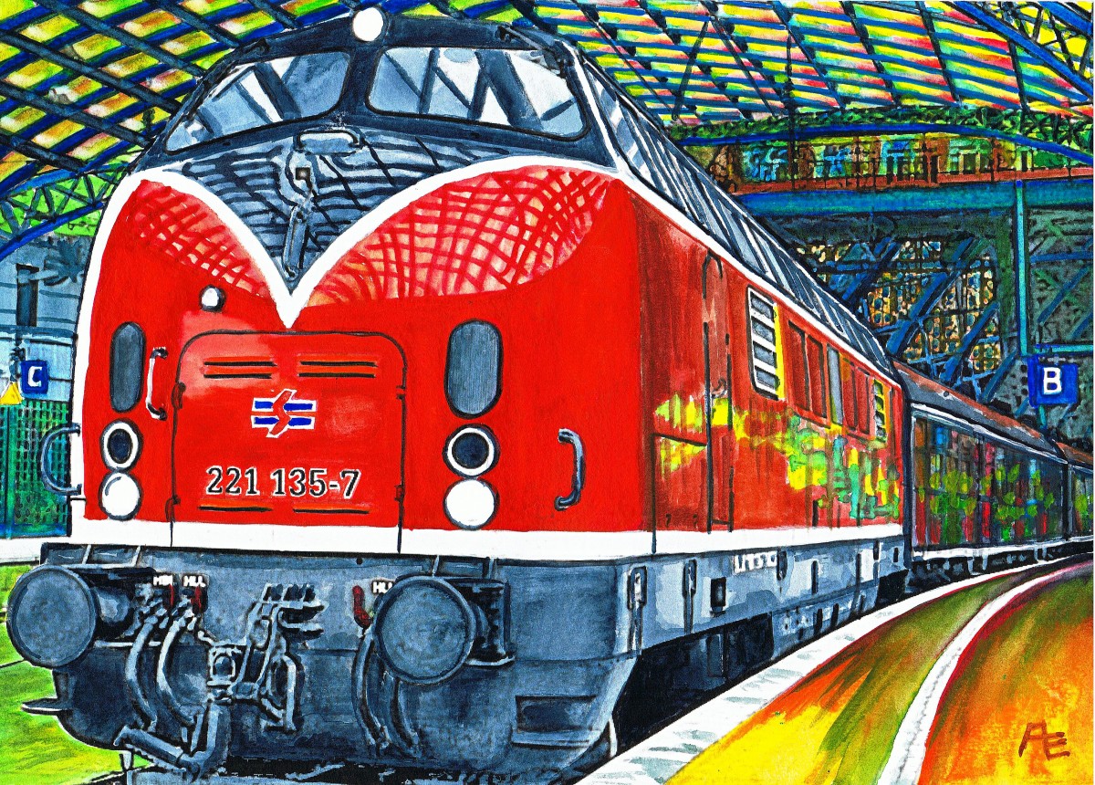 2010 steht die 221 135-7 der Bocholter Eisenbahn am DPE 92228 aus Brohl kommend Rtg Dortmund an Gleis 2 in Köln Hbf.


Dieses Aquarell basiert auf einem Foto von Martin Morkowski.