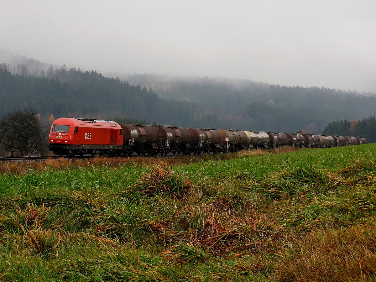 2016 060-3 zieht den Leerwagenkesselzug 47850 durch die nebelige, herbstliche Landschaft entlang der Hausruckbahn, nächst der gleichnamigen Haltestelle Hausruck; 191127