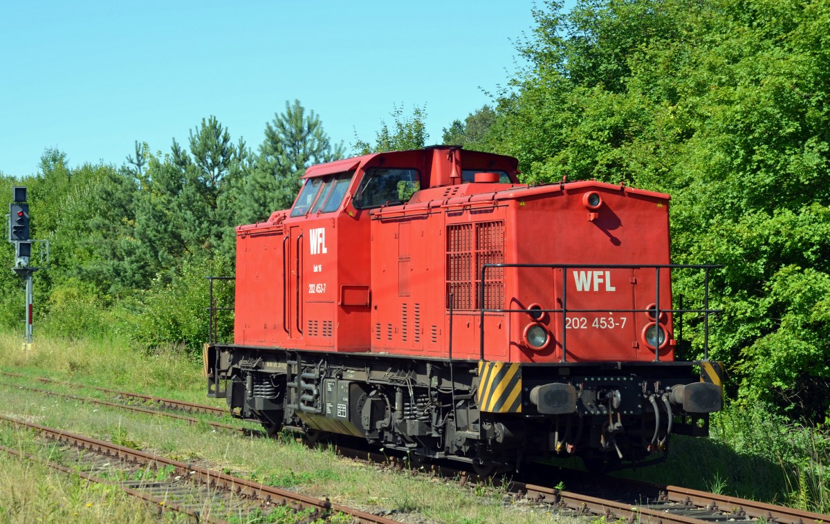 202 453 der WFL stand am 21.07.13 in Burgkemnitz abgestellt. Sie bespannte den MELT-Sonderzug ab Bitterfeld und brachte diesen nach Ferropolis bei Grfenhainichen.