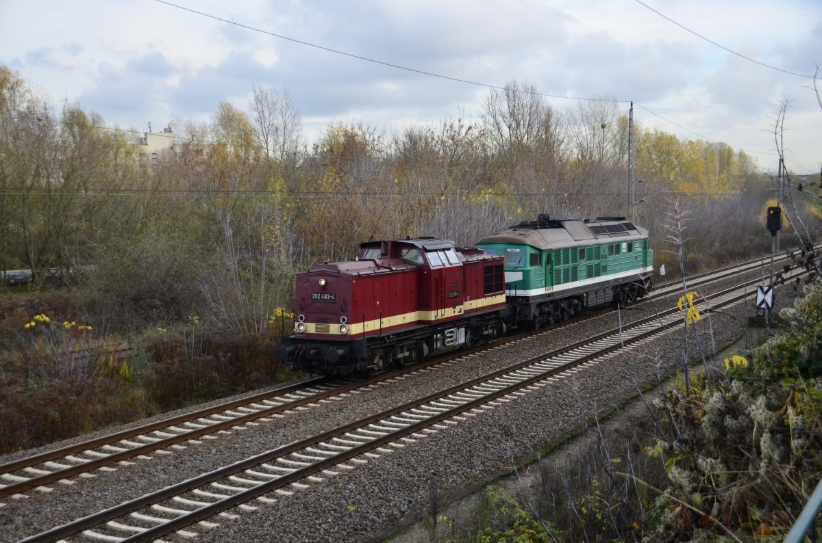 202 483-4 mit V300 001 am 08.11.2013 um 14:59 Uhr haben den S-Bahnhof Berlin-Wartenberg passiert