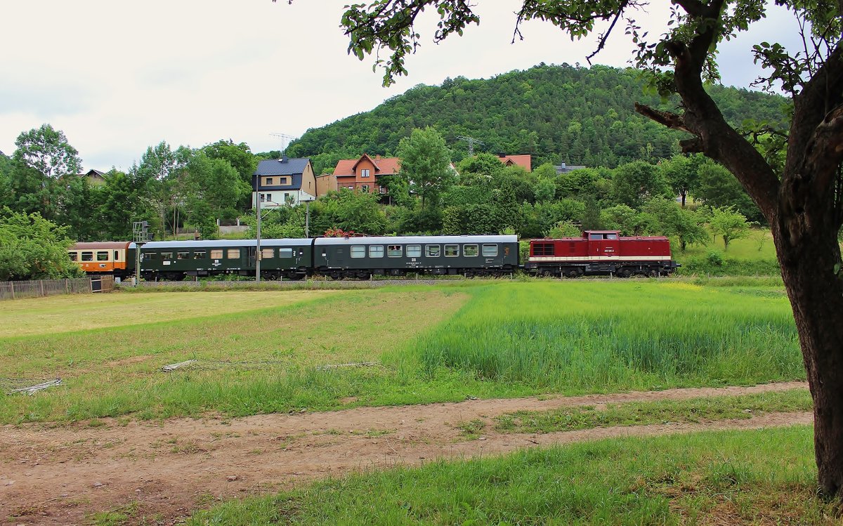 202 484-2 (CLR) fuhr am 17.06.17 den Piko-Sonderzug von Staßfurt nach Pressig Rothenkirchen. Wegen Bauarbeiten mussten die Reisenden mit Bussen nach Sonneberg ins Piko Werk gebracht werden. Hier ist der Zug in Obernitz zu sehen.
