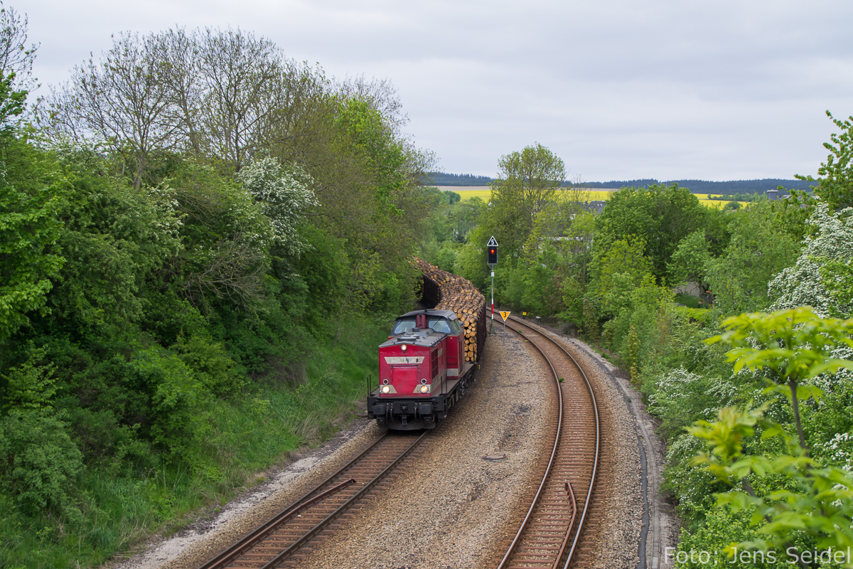 202 597 von Erfurter Bahnservice mit einem Holzzug nach Ebersdorf-Friesau am 15.05.2014 in Unterlemnitz.