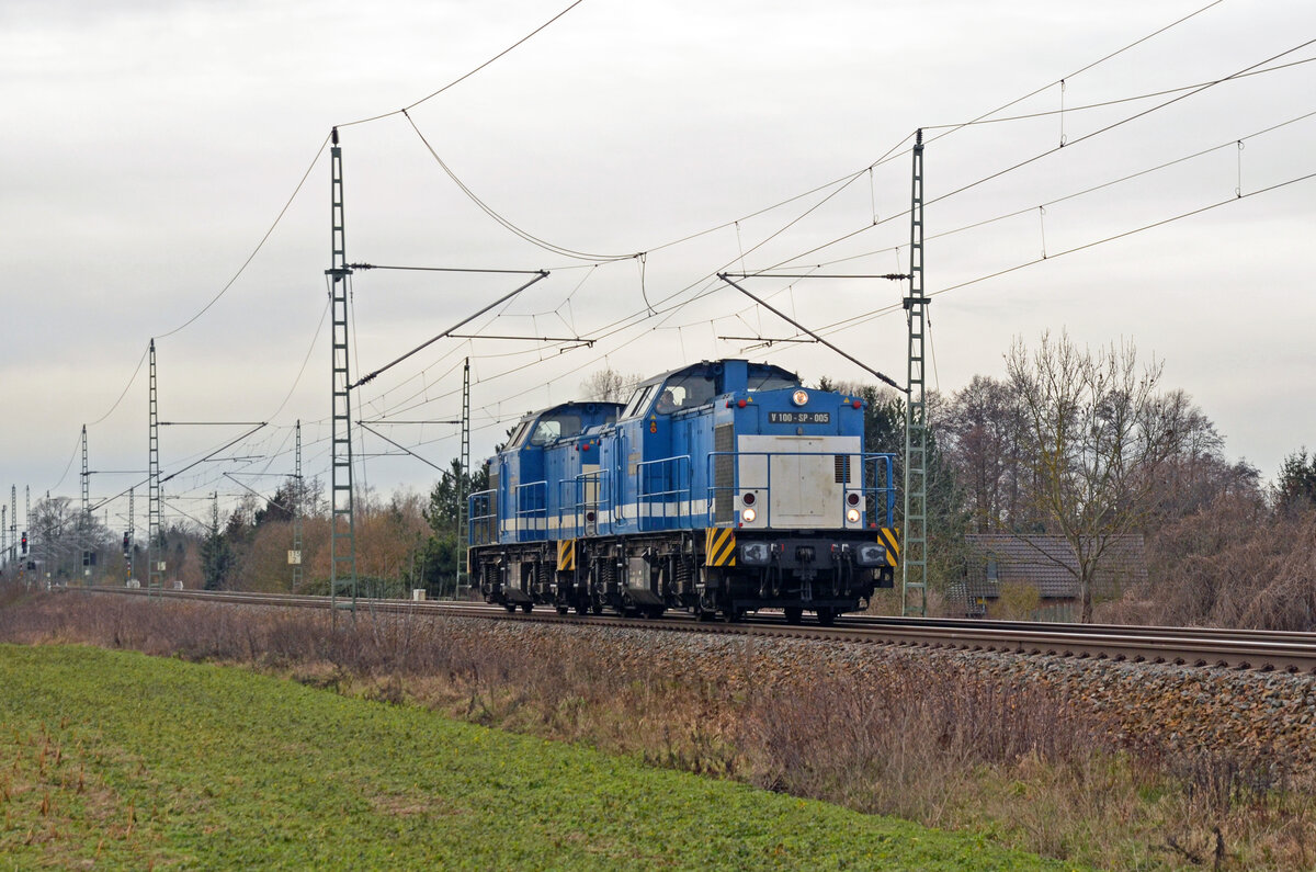 203 005 und 203 004 der Spitzke Logistik rollten am 05.02.23 Lz durch Gräfenhainichen Richtung Wittenberg.