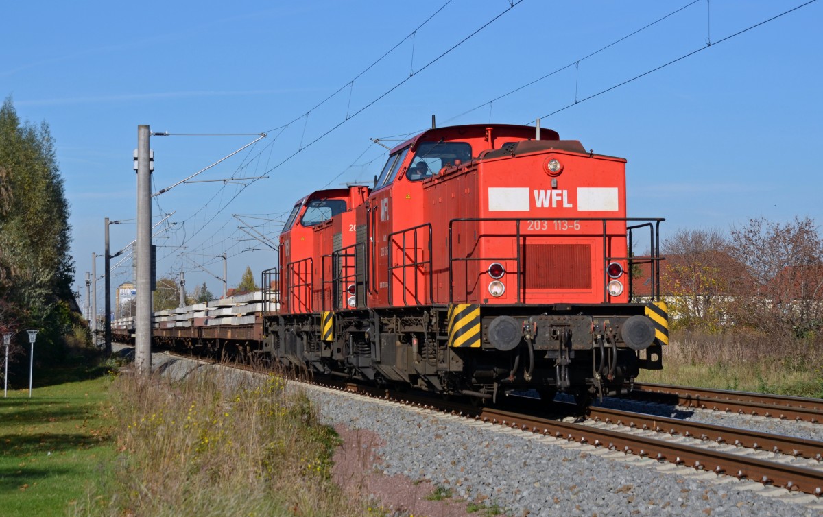 203 113 bespannte zusammen mit einer Schwesterlok am 31.10.13 einen Schwellenzug, hier durchf�hrt das Duo Greppin Richtung Bitterfeld.
