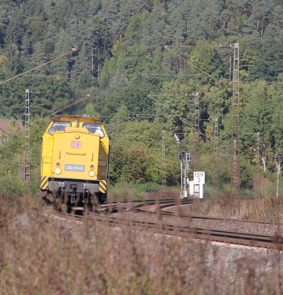 203 316-5 als Tfzf in Fahrtrichtung Süden. Aufgenommen zwischen Ludwigsau-Friedlos und Mecklar am 29.09.2013.