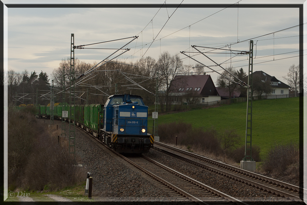 204 010 der Press mit einem Holzzug hier in Jößnitz am 14.04.15