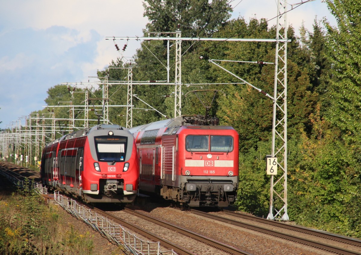 20.9.2015 Röntgental. 442 620, Prenzlau - Berlin Hbf, begegnet RE 3 nach Stralsund, geschoben von 112 165.