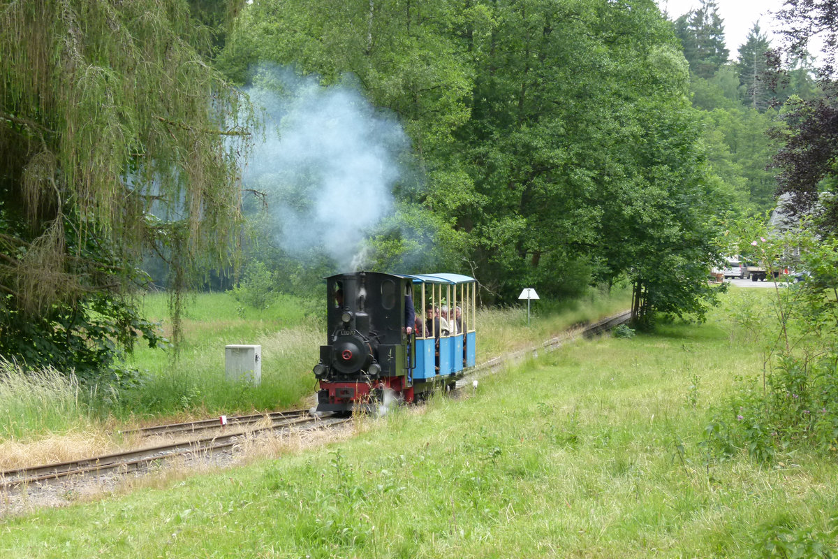 21. Juni 2015, Die  Ferienland-Eisenbahn  in Crispendorf in Thüringen. Der dortige Verein hatte sich zu seinem Fest-Wochenende den Zug der Syrauer Parkeisenbahn mit der Dampflok  Leo II  eingeladen. Sie bildete die Attraktion in dem Gelände des ehemaligen DDR-Kinderferienlagers der IG Wismut aus den fünfziger Jahren. Auf dem 8 Hektar großen Areal im Wisentatal lebten im Sommer fast 1000 Kinder im Alter von 10 bis 14 Jahren und ca. 200 Betreuer. 1981 wurden dann zusätzlich noch die beiden Bettenhäuser gebaut, um ganzjährig Kinder aufnehmen zu können. Heute gibt es hier einen bescheidenen Campingplatz, der örtliche Sportverein besitzt ein Vereinslokal und einen Fußballplatz.