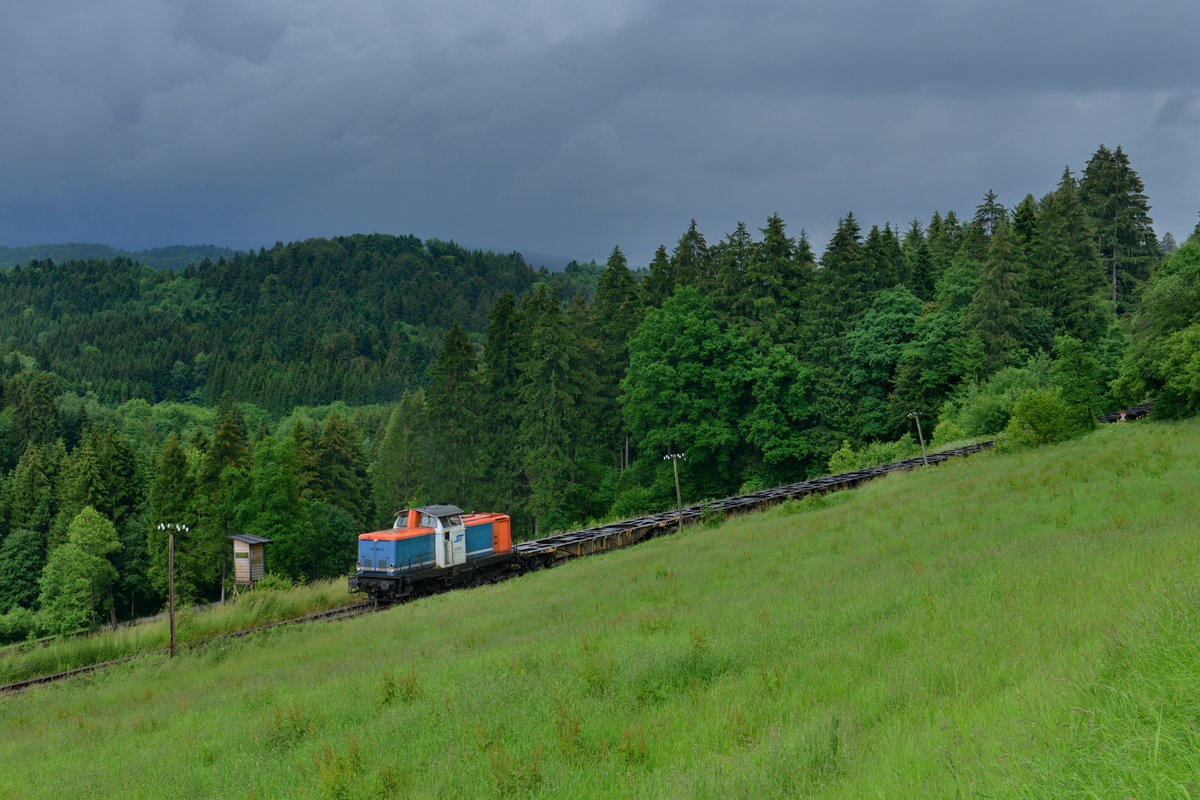 212 063 mit einer Leerwagenüberführung am 13.06.2016 bei Hauzenberg. 