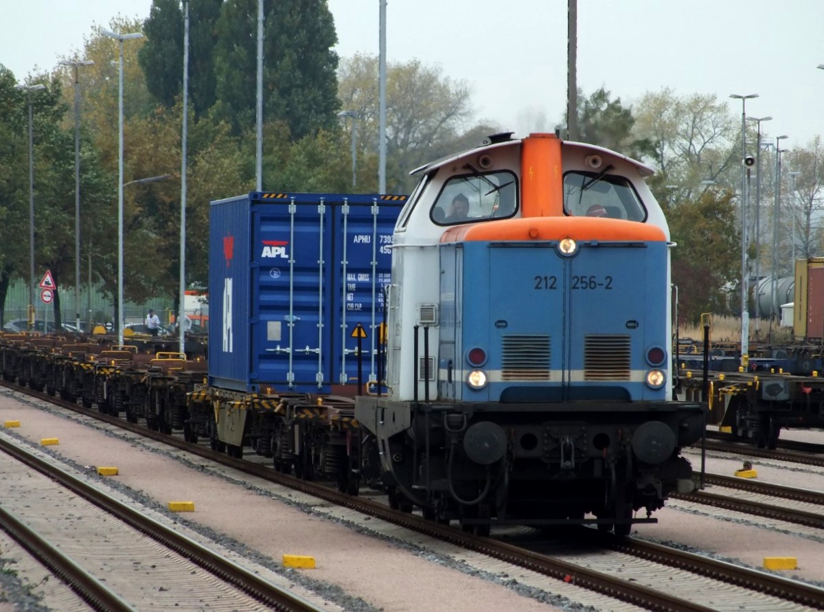 212 256-2 der NBE am 25.10.13 mit einem mager bestückten Containerzug in Hamburg-Waltershof. Auf den Waltershofer Gleisen sind in letzter Zeit viele private Loks der V100-Familie anzutreffen.
