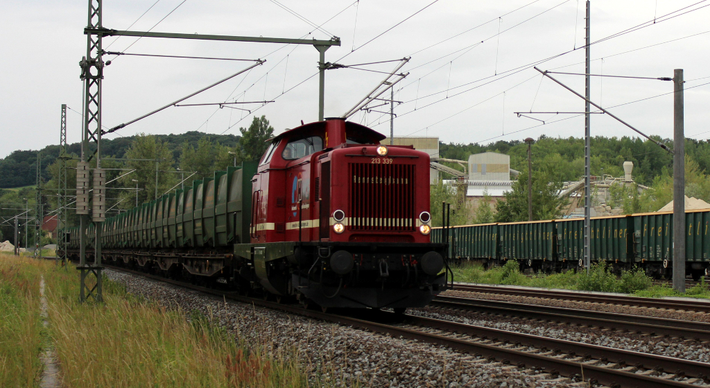 213 339 der Rennsteigbahn ist am 19.06.14 mit einem Müllzug unterwegs von Ilmenau nach Großkorbetha und passiert hier Bad Kösen.