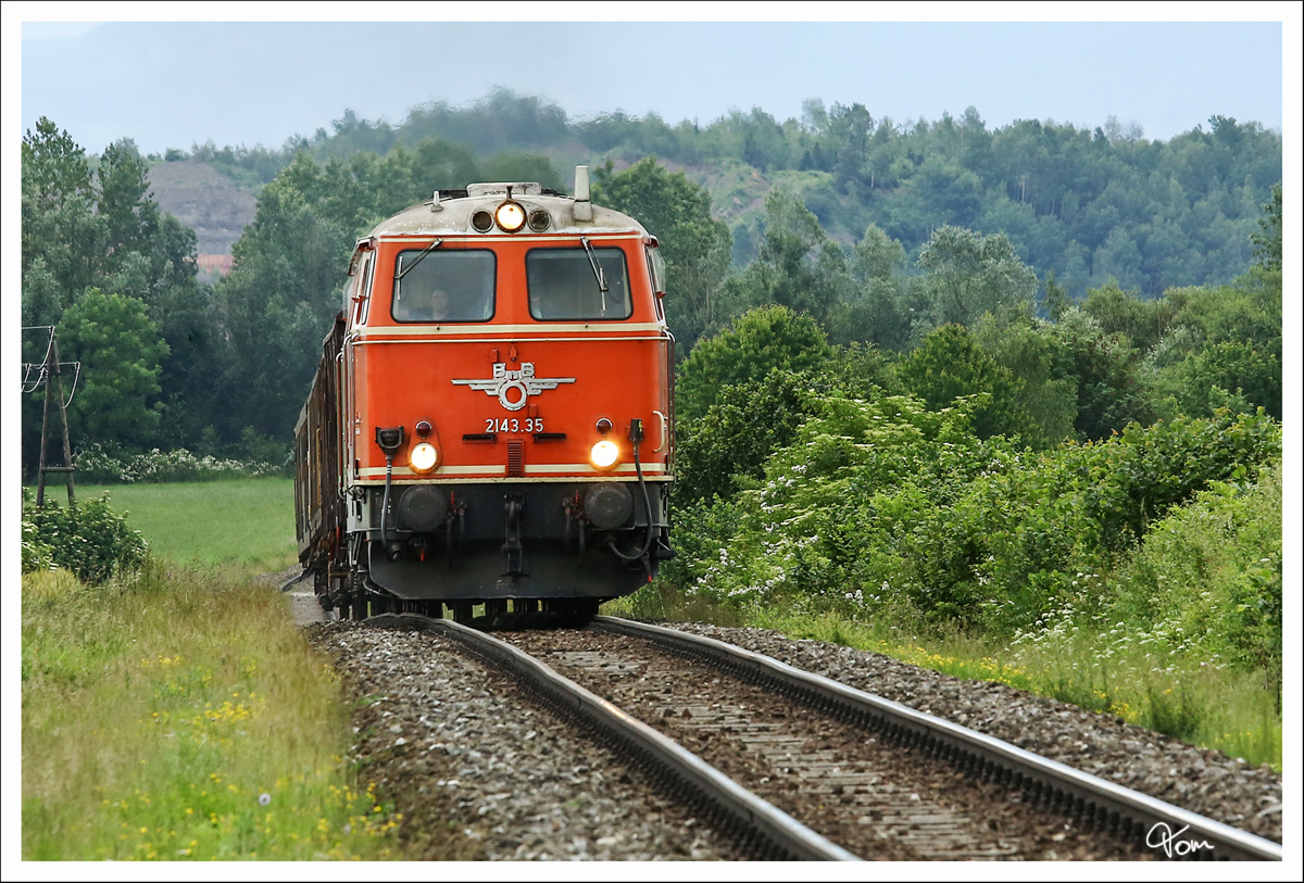 2143.035 mit dem 63516 (Zeltweg -Pöls) in der Steigung nahe Wasendorf. 17.6.2014